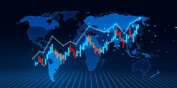 istock Global Forex Market with Upward Candlestick Chart on Digital World Map Backdrop. 3D Rendering 2163239781