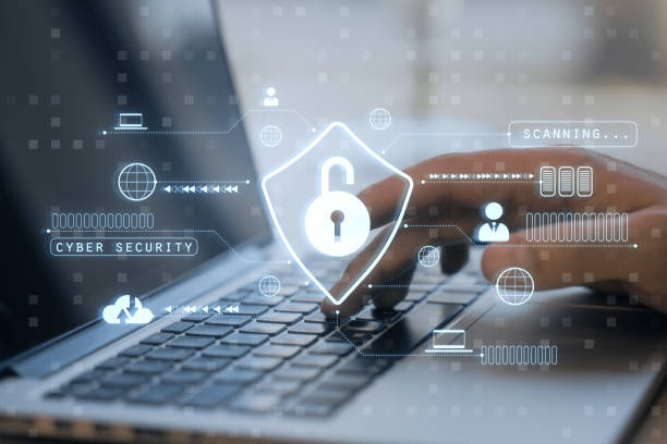 istock Cybersecurity concept with lock icon and holographic elements on laptop keyboard. 2163239816