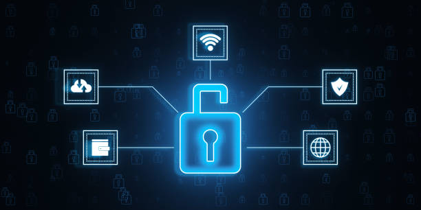 istock Digital lock icon with cybersecurity symbols on dark background. 3D Rendering 2163239896