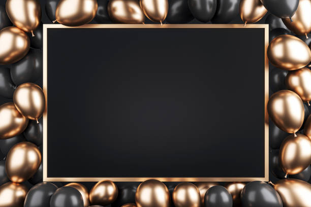 istock Black and Gold Frame with Balloons on Black Background. 3D Rendering 2163240255