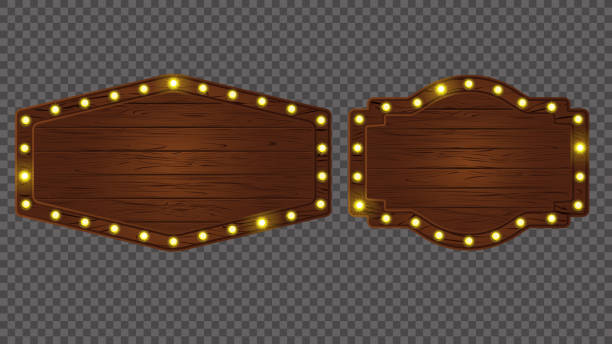 istock Broadway light sign board banner. Vector casino bulb wooden frame. Cartoon game led lit plank. Neon signboard with timber texture. Circus solid badge marquee set. Menu note bar isolated plate. 2163247325