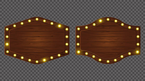 istock Broadway light sign board banner. Vector casino bulb wooden frame. Cartoon game led lit interface shape. Forest neon signboard with timber texture. Circus solid panel marquee set. Menu plank bar asset. 2163247361
