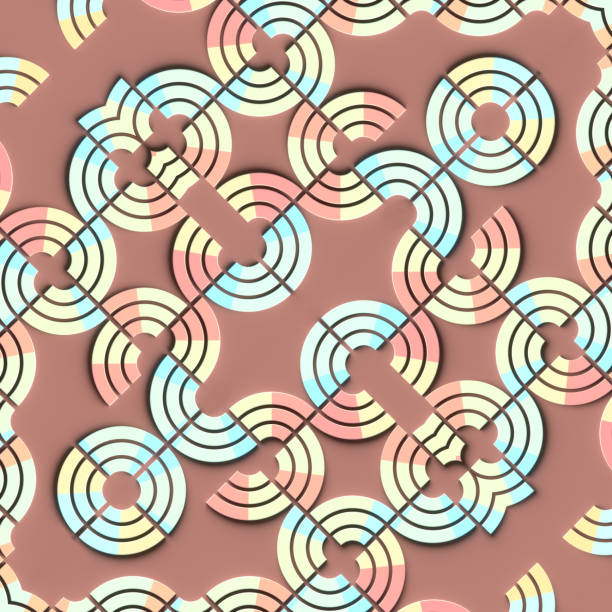 Digital illustration of a pattern of interconnected rings and lines. Bright color palette with shades of pink, blue and yellow. Abstract design with a clean and modern aesthetic. 3d rendering