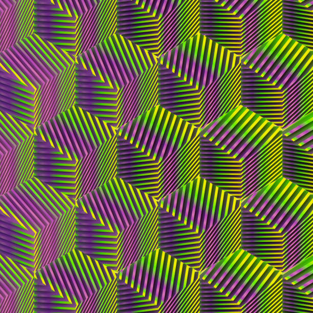 Isometric projection of a bright abstract geometric background of cubes with a fancy neon gradient and striped texture. 3d rendering digital illustration