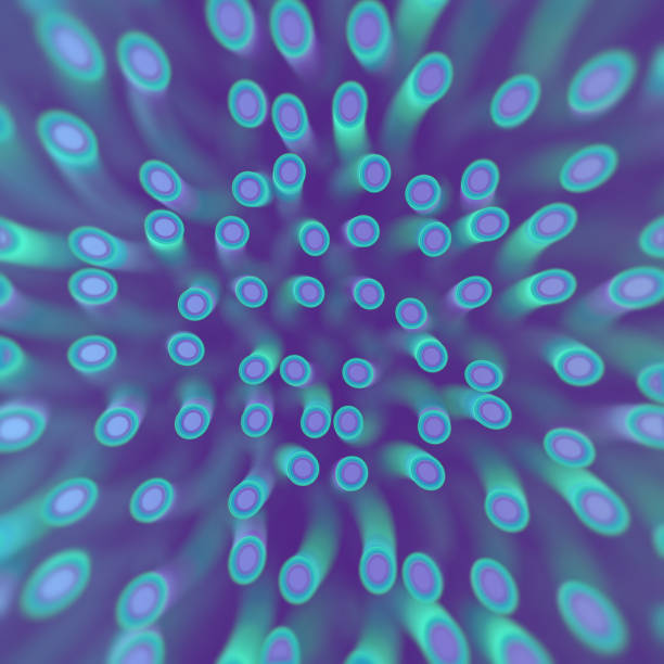 3d rendering digital illustration of a pattern of spiral neon colored objects with a depth of field effect. Abstract creative concept. Futuristic background