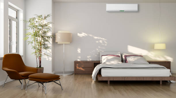 istock modern bright interiors room with air conditioning and remote control illustration 3D rendering 2163266371