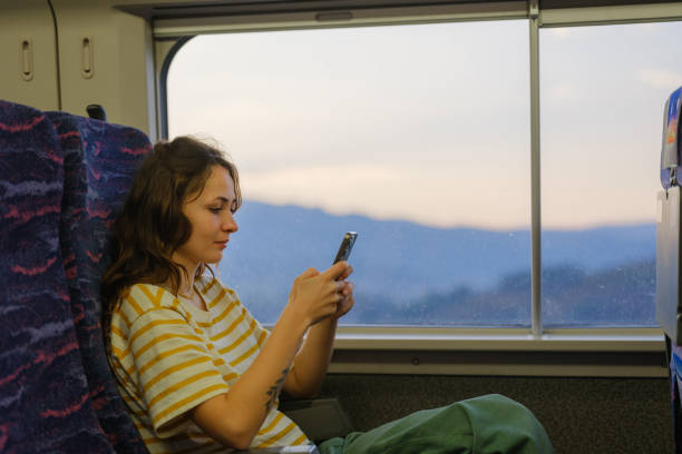 istock Woman using smartphone traveling with high speed train 2163267811