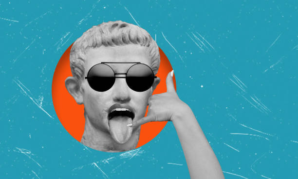 istock Creative collage funny stone face with hand gesture call me. 2163271269