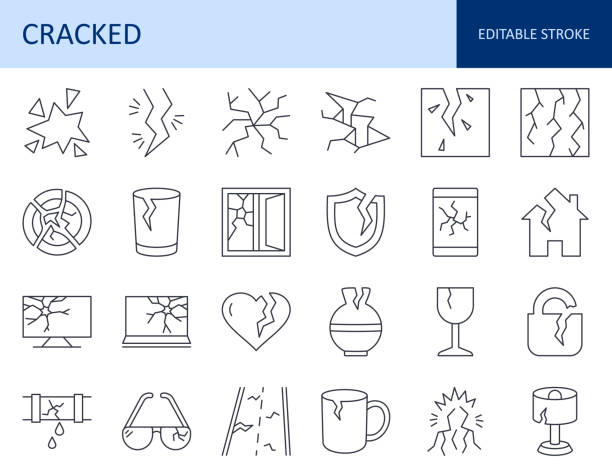 Vector icons cracked glass, dishware. Broken display smartphone, laptop, TV. Crack in the ground, asphalt, water pipe. Damaged house, window, lock, vase, lamp, glasses. Editable stroke thin line set Vector icons cracked glass, dishware. Broken display smartphone, laptop, TV. Crack in the ground, asphalt, water pipe. Damaged house, window, lock, vase, lamp, glasses. Editable stroke thin line set. broke stock illustrations