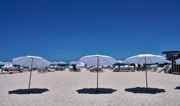 istock White Umbrellas and Hammocks at Miami Beach: Relax in Tropical Paradise 2163276151
