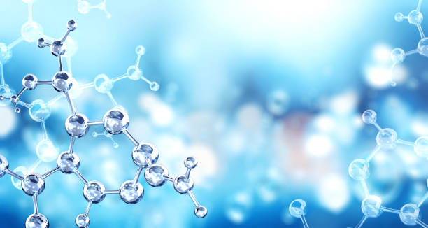 istock Horizontal banner with model of abstract molecular structure. Background of blue color with glass atom model. Copy space for your text. 3d render 2163277131