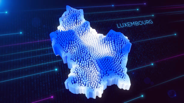 istock 3D Perspective View of Blue and White Dynamic Hexagonal Prism Rippling Luxembourg Map and Text with Hud Grid, Dotted Lines, and Light Flare 2163278602