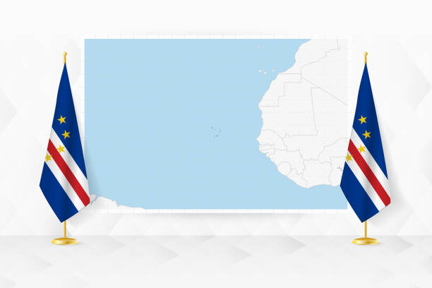 istock Map of Cape Verde and flags of Cape Verde on flag stand. 2163281534