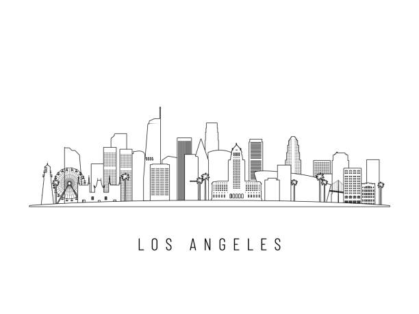 ilustraciones, imágenes clip art, dibujos animados e iconos de stock de ilustración vectorial detallada del horizonte de los ángeles. edificios de los ángeles en estilo line art, perfectos para diseños modernos. - los ángeles