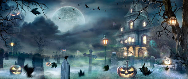 istock Halloween Scene - Cemetery And Ghosts At Moonlight With Defocused Unrecognizable Uninhabited House 2163286339