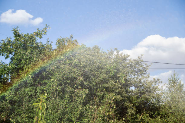 Colorful Rainbow in Blue Stormy Sky - Scenic mountain landscape with arcing rainbow across sky.