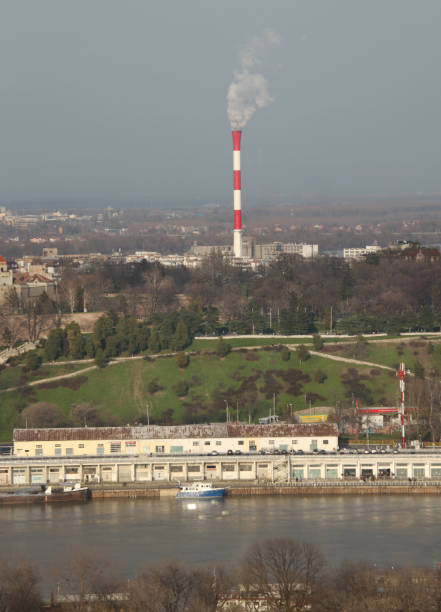 Belgrade, Serbia - March 23, 2013: Aerial View of Power Station Danube Chimney With White Fumes at Spring Day.