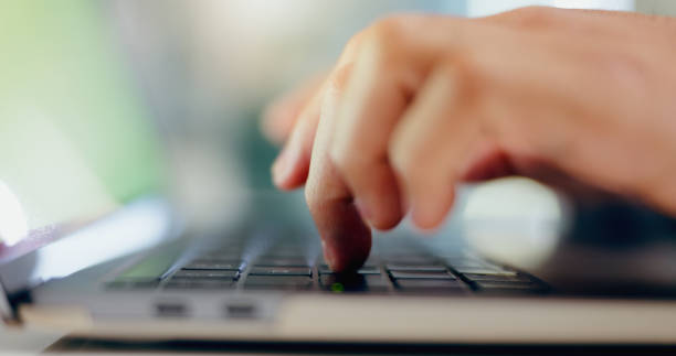 istock Person, hands and keyboard for typing online, connection and communication for email or internet research. Report, planning and blog or information for remote work, tech and networking on laptop 2163320512