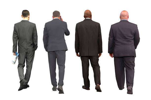 istock Businessman in different poses. Handsome man wearing formal suit standing and walking, using phone, front, back and side views. 3D rendered image. 2163326249