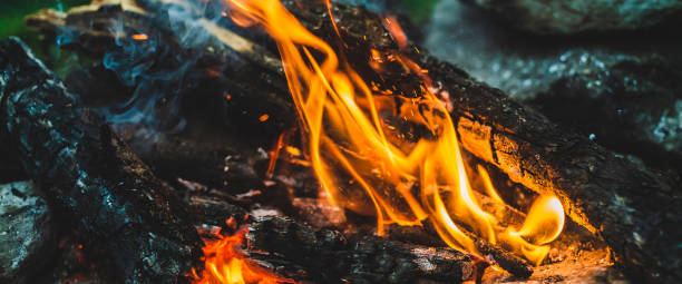 istock Vivid smoldered firewoods burned in fire close-up. Atmospheric warm background with orange flame of campfire and blue smoke. Wonderful full frame image of bonfire. Burning logs in beautiful fire. 2163330180