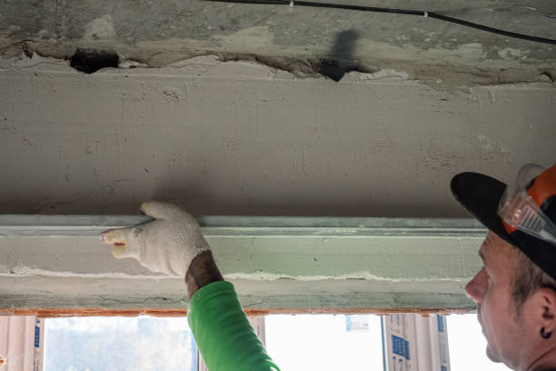 istock Specialist finishes plastering the wall with a building rule 2163331348