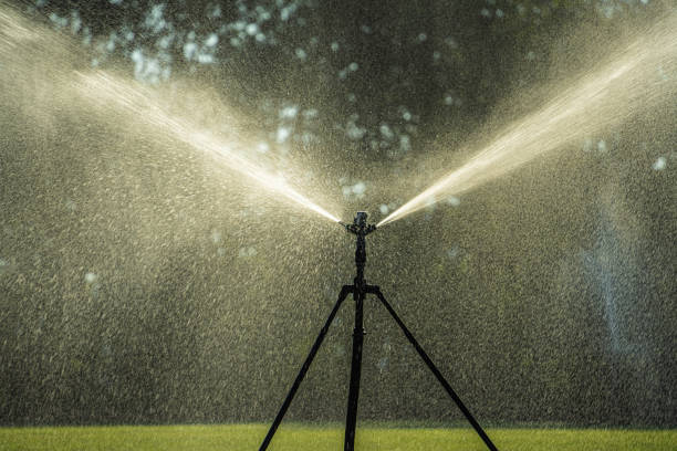 An irrigation sprinkler used to irrigate agricultural crops, lawns, landscapes, golf courses, and other areas.