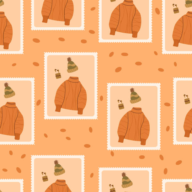 Autumnal sad checked seamless pattern. Bento box autumn sweater and beanie repeat background. Fall loneliness retro stamps endless design. Vector hand drawn flat illustration. Autumnal sad checked seamless pattern. Bento box autumn sweater and beanie repeat background. Fall loneliness retro stamps endless design. Vector hand drawn illustration. chunky sweater stock illustrations