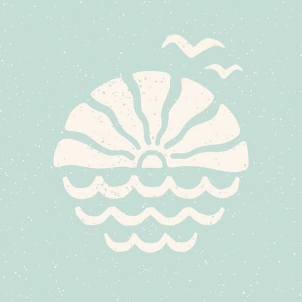 Sea sunset, waves and flying seagulls block print design. Pastel blue coastal holiday retro groovy design. Vintage summer surf cutouts collage. Beach vacation nostalgic t-shirt, poster, cover design.
