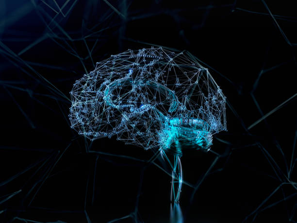 istock Human Brain Covered with Connecting Lines and Dots on Black Background 2163339570