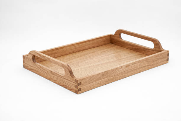 istock Elegant solid oak wood tray with dovetail joints and carved handles 2163358913