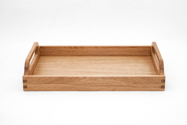 istock Elegant solid oak wood tray with dovetail joints and carved handles 2163358967