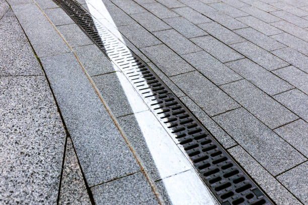 istock drainage grate on the road with white road marking crossing it. 2163360442