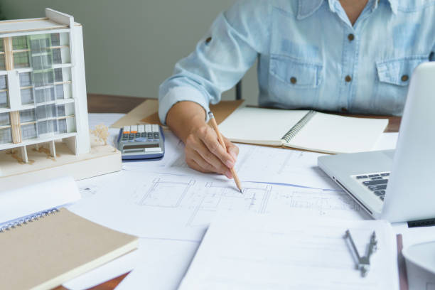 istock Architecture drawing on architectural Creative project business architecture building constructionÂ Industrial engineering. 2163364439