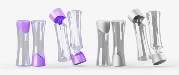 istock 3d set of cosmetic transparent bottle package render mockup for shampoo and conditioner. Clear glass or plastic container with purple and silver cap for hair lotion, body care product 2163367152