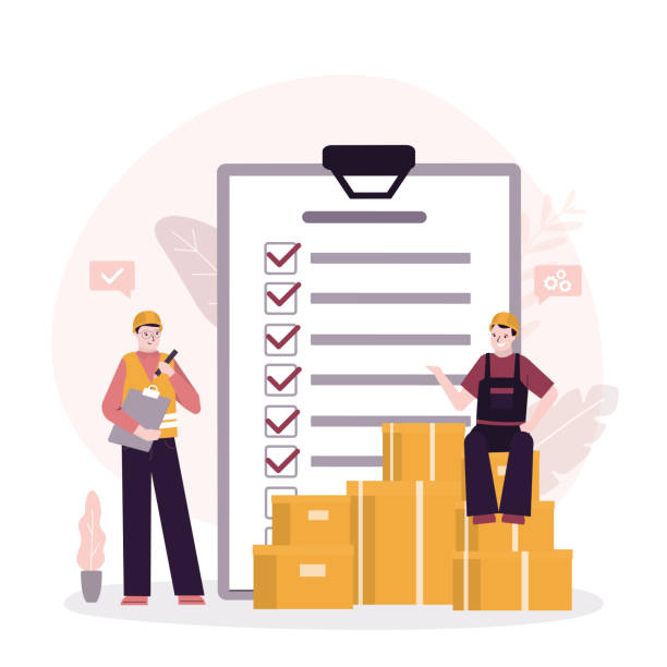 Group of worker man checking boxes in warehouse. Warehouse worker or courier check goods delivery service. inventory management Group of worker man checking boxes in warehouse. Warehouse worker or courier check goods delivery service. inventory management. flat vector illustration pallet jack handle stock illustrations