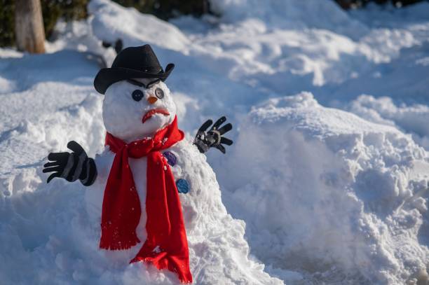 istock A snowman with a creepy grimace in a hat and scarf. 2163373367