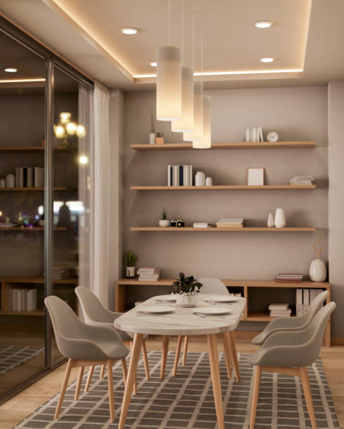 istock The interior design of an elegant, contemporary dining room features a dining table on a carpet. 2163373539