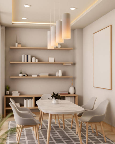 istock The interior design of an elegant, contemporary dining room features a dining table on a carpet. 2163373992