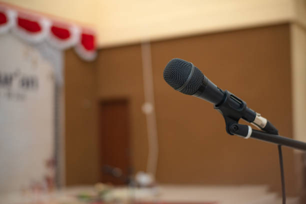 A public speaker is pointing to the blank presentation screen.