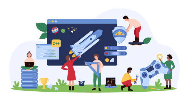 Online video games development and testing set, tiny people develop program code, gaming Online video games development and testing, gamification set. Tiny people develop program code and gaming, developers holding console and digital tools for coding cartoon vector illustration game developer stock illustrations