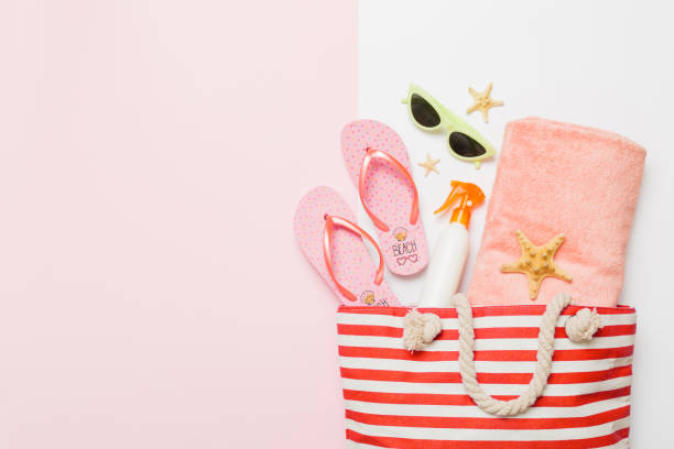 istock Composition with stylish beach accessories on colored background, top view. Beach fashion flat lay, summer concept. Trendy colors 2163389698