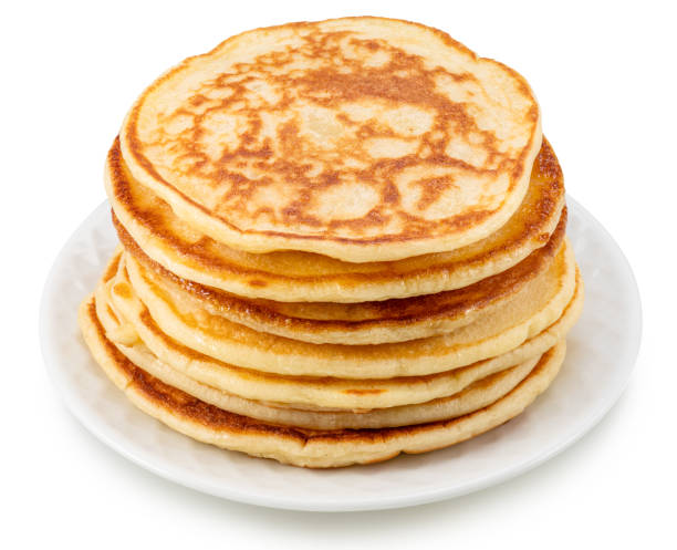 istock Stack of pancakes on white plate. File contains clipping path. 2163390546