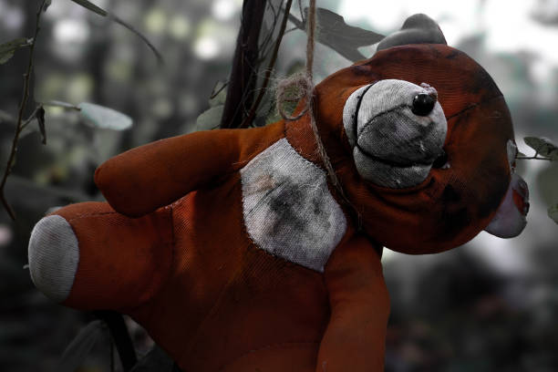 Teddy bear hanging from a rope in the forest