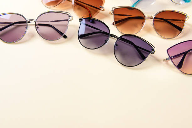 istock Different sunglasses on yellow background. Summer banner. Copy space. 2163392907