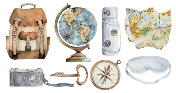 istock Watercolor hand drawn vintage illustration. Tourist accessories set backpack, old camera, navigation map, vacuum flask, sleeping mask, compass. Tourism, travel, brochure, guide, print, card tattoo. 2163397308