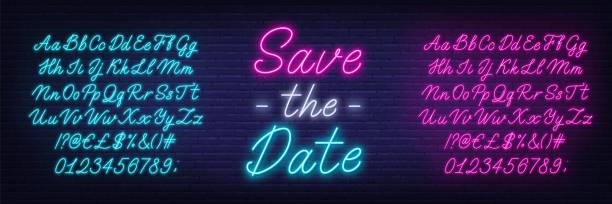 Save The Date Neon Sign on brick wall background. Template for text with pink and blue Neon alphabet. Save The Date Neon Sign on brick wall background. Template for text with pink and blue Neon alphabet save the date font stock illustrations