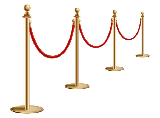 istock Barriers with red rope line. VIP zone, closed event restriction. Realistic image of golden poles with velvet rope. Isolated on white background 2163398604