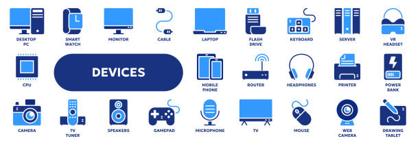 Vector solid icons of computer devices and equipment Set of vector solid icons related to technology, computer devices, electronic equipment. Symbols for website or app ui, logo design, illustration electrical equipment stock illustrations