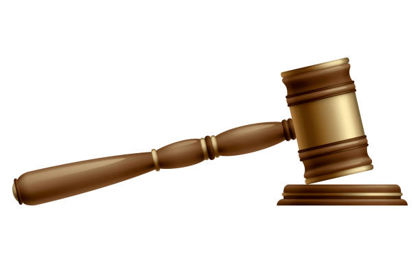 istock Wooden brown judge gavel, decision glossy mallet for court verdict. 3d realistic vector, isolated on white background. Auction hammer with gold on the stand. Law and justice system symbol 2163399143
