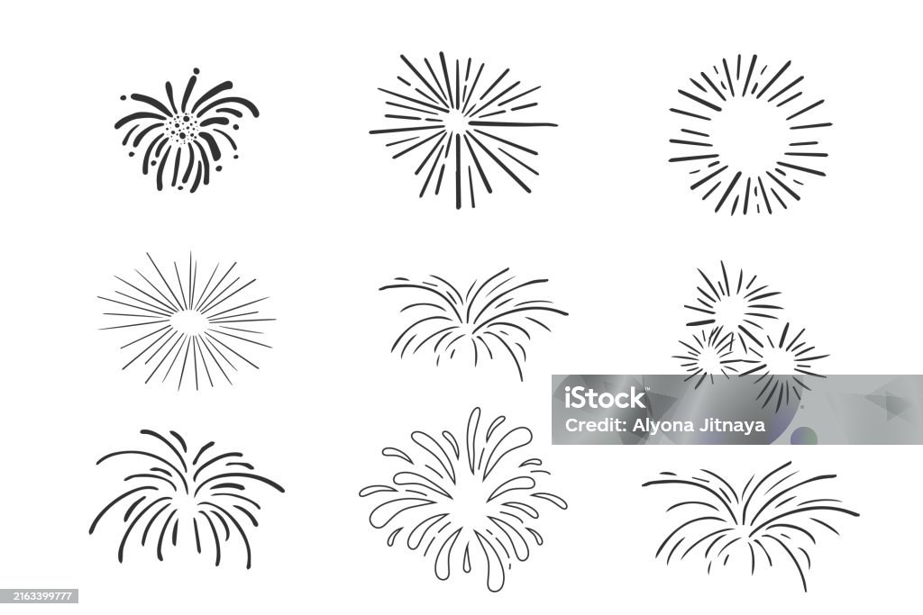 Firework Explosion Simple Set Fireworks Radial Doodle Line Explosion Circle Sparkler With Rays ...